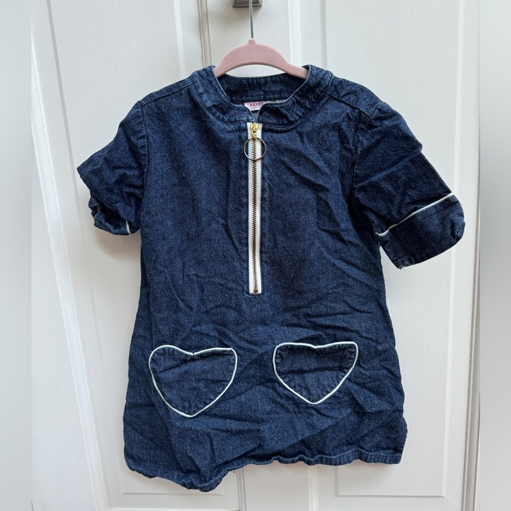 Kayce Hughes 3T Blue Denim 3/4 Sleeve Girls Heart Pocket Dress